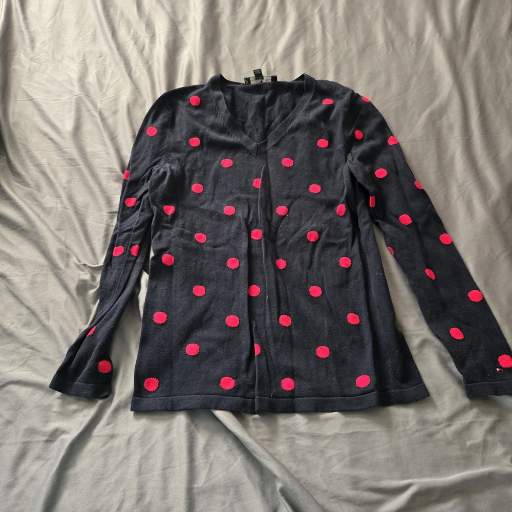 Tommy Hilfiger Sweater Womens Medium Black And Red Polka Dot Knit Casual Preppy